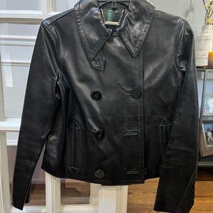 Ralph Lauren Black Leather Double Breasted Crop Jacket - size petite medium
